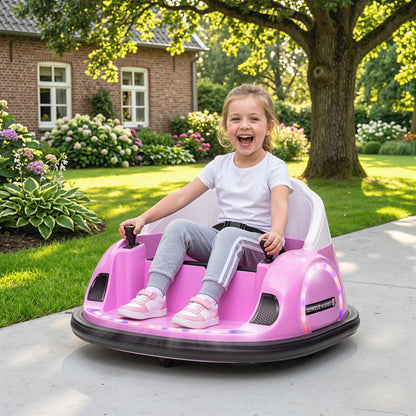 360° Rotation Kids Bumper Car, 12V Waltz Car with Remote Control, Dual Joystick, Music, Lights, Pink