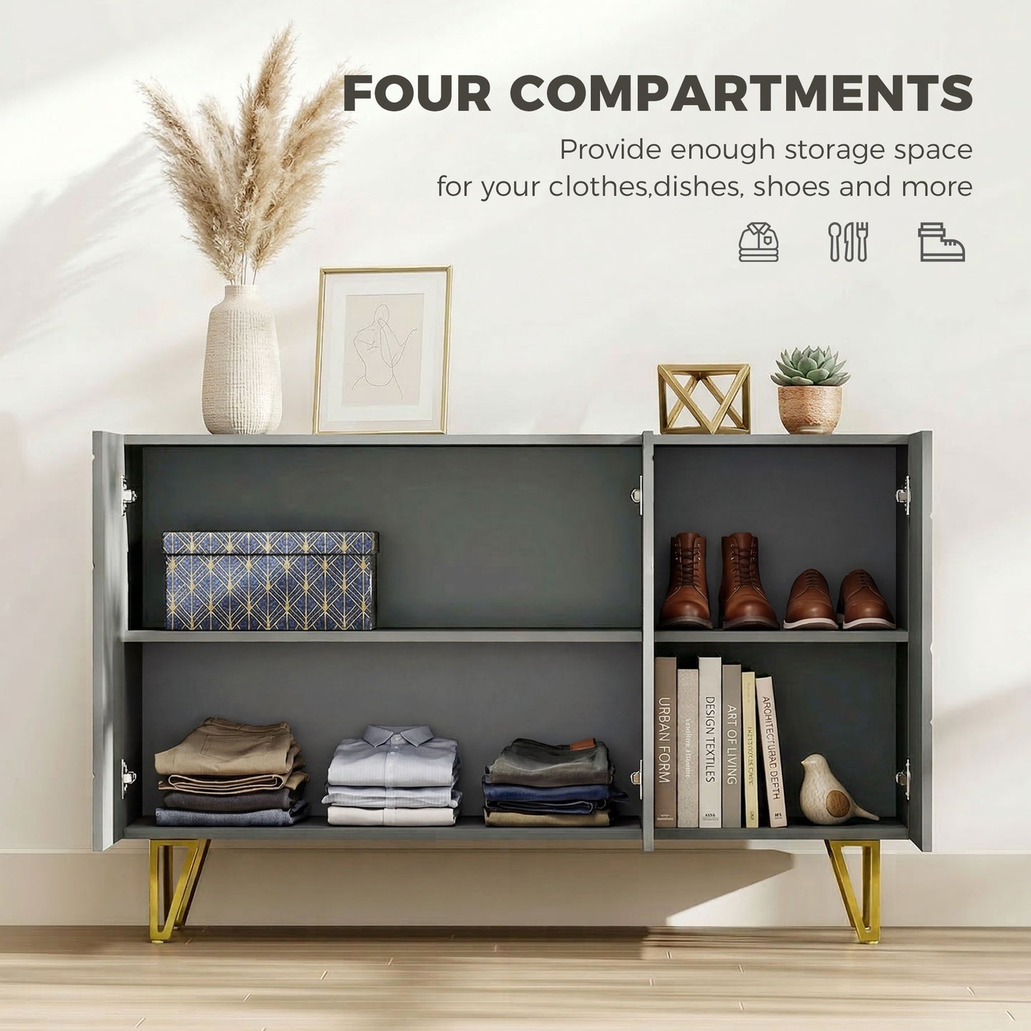 Modern Luxe High Gloss Sideboard, with Hairpin Legs, Grey