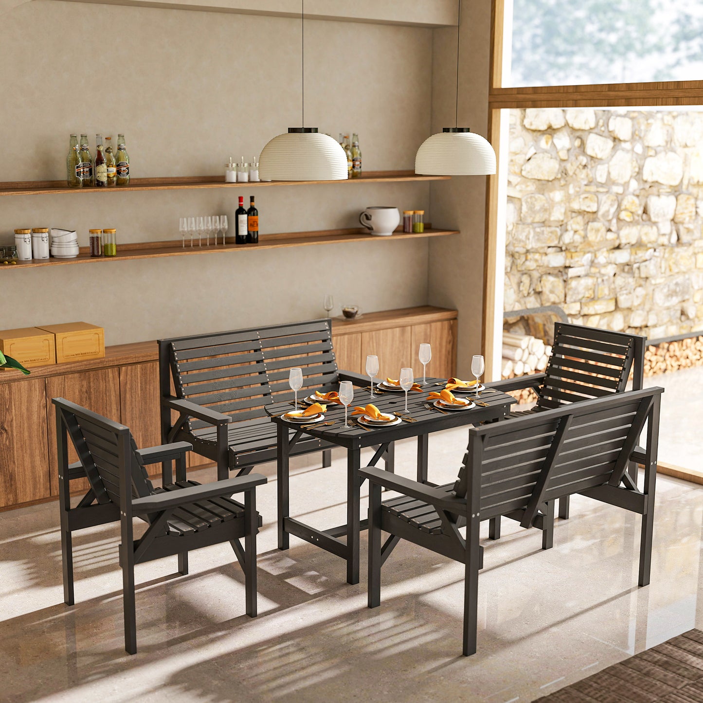 5 Piece Wooden Garden Dining Set for 6, Outdoor Conversation Set with 2 Armchairs, 2 Loveseats and Dining Table