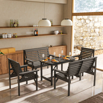 5 Piece Wooden Garden Dining Set for 6, Outdoor Conversation Set with 2 Armchairs, 2 Loveseats and Dining Table