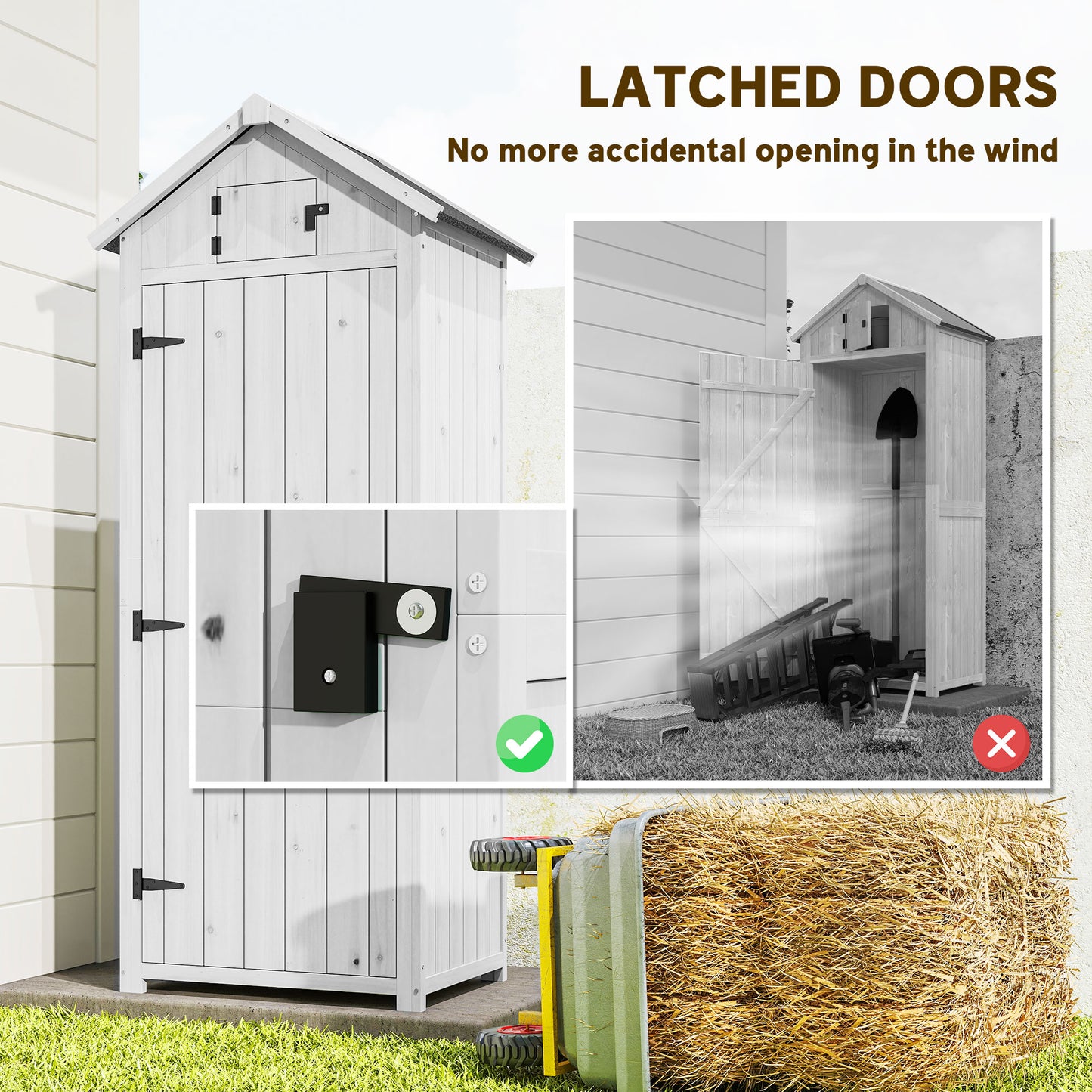 Small Shed, Tall Slim Wooden Garden Shed with 3 Removable Shelves and Roof Hatch, Compact Outdoor Tool Storage Cabinet