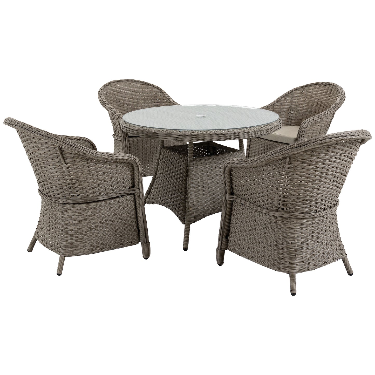 4 Seater Rattan Garden Furniture Set with Cushions, Round PE Rattan Dining Set with Glass-Top Table, Umbrella Hole