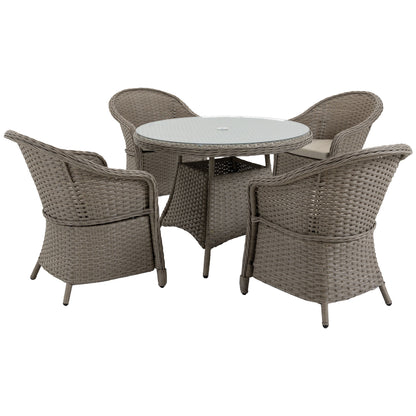 4 Seater Rattan Garden Furniture Set with Cushions, Round PE Rattan Dining Set with Glass-Top Table, Umbrella Hole
