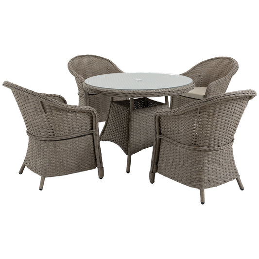 4 Seater Rattan Garden Furniture Set with Cushions, Round PE Rattan Dining Set with Glass-Top Table, Umbrella Hole