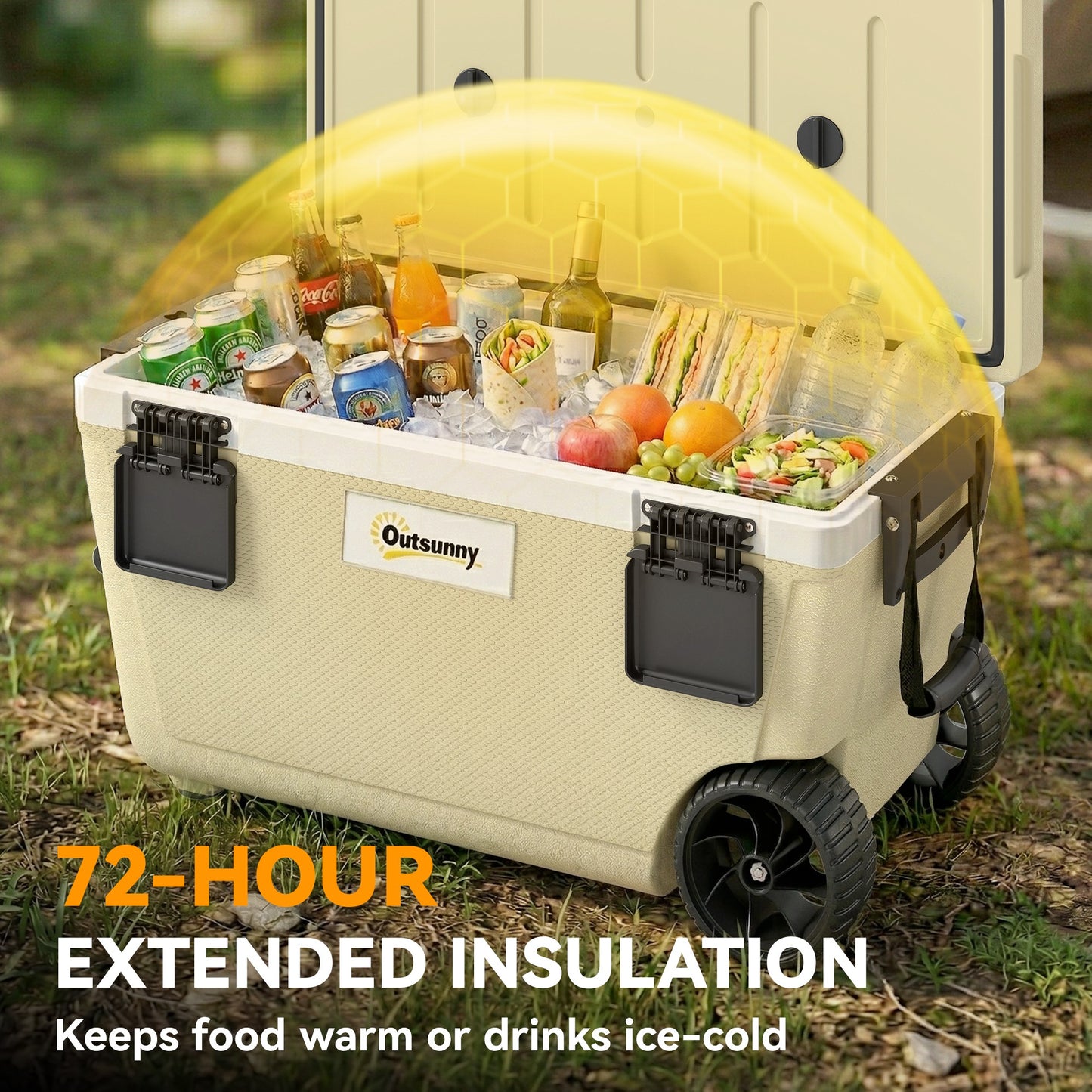 70L Insulated Cool Box with Wheels, Portable Ice Cooler with Handle, Lid and Drain Valve, Khaki