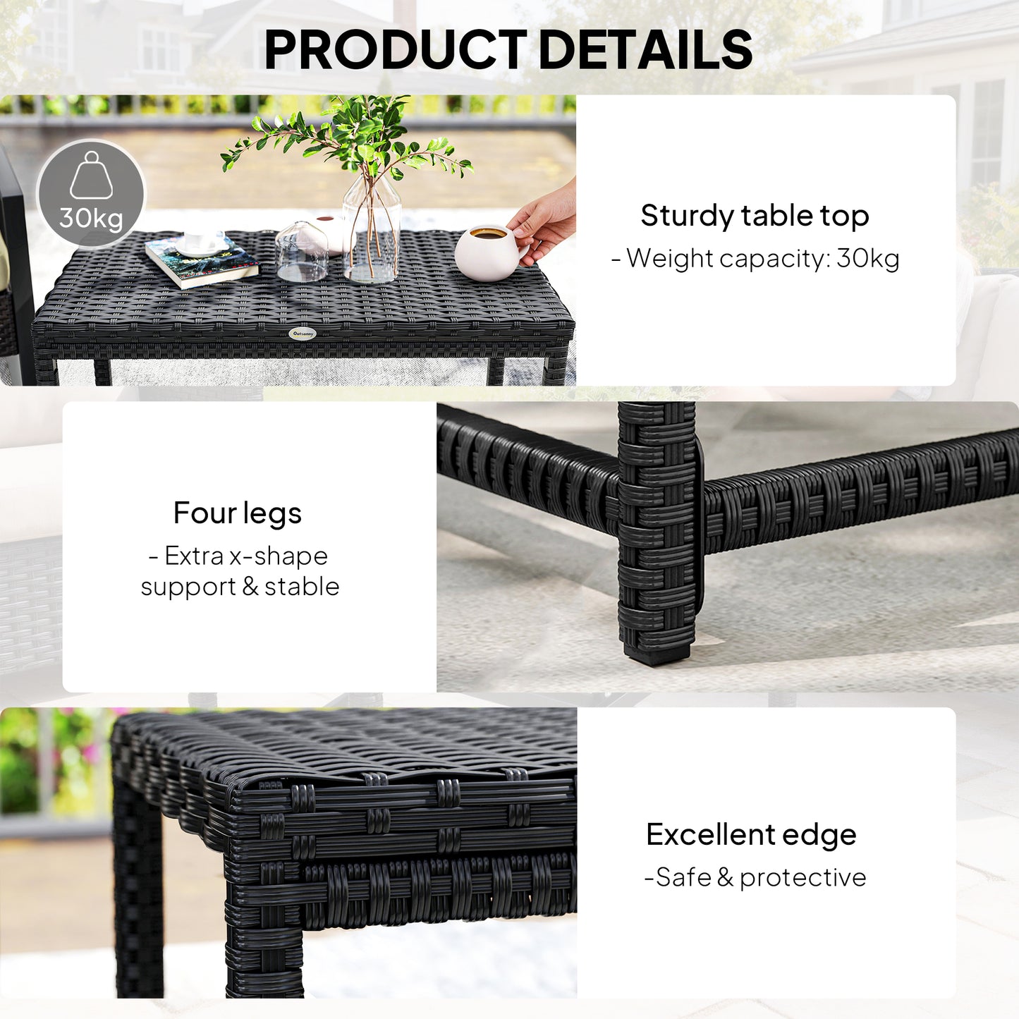 Outdoor Coffee Table Side Table with Rectangular Frame for Patio, Balcony, Black