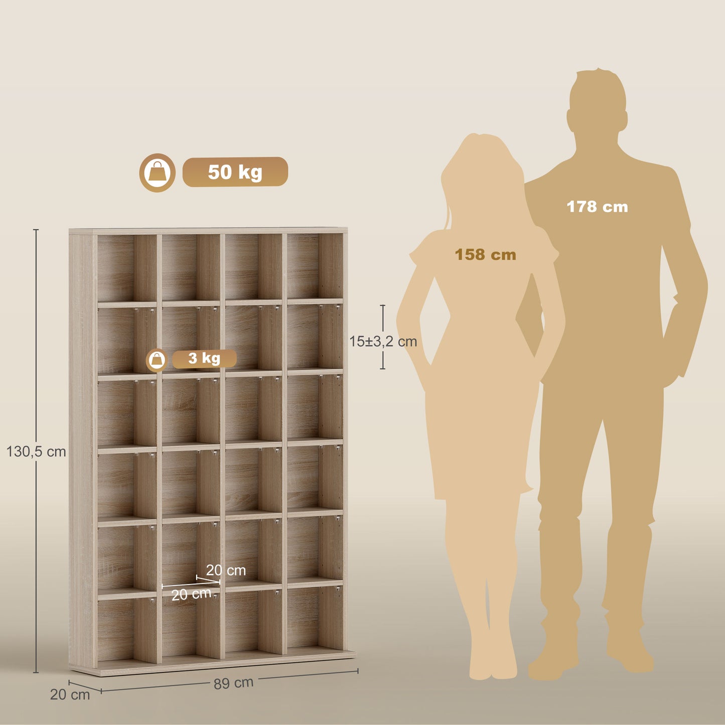 CD Storage Unit with Adjustable Shelves, Suitable for up to 456 CDs, 89 x 130.5 cm, Nature Wood Finish
