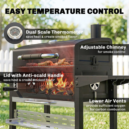 Charcoal BBQ Grill Smoker with Electric Rotisserie Kit, Portable Barbecue Grill with Warming Rack, Black