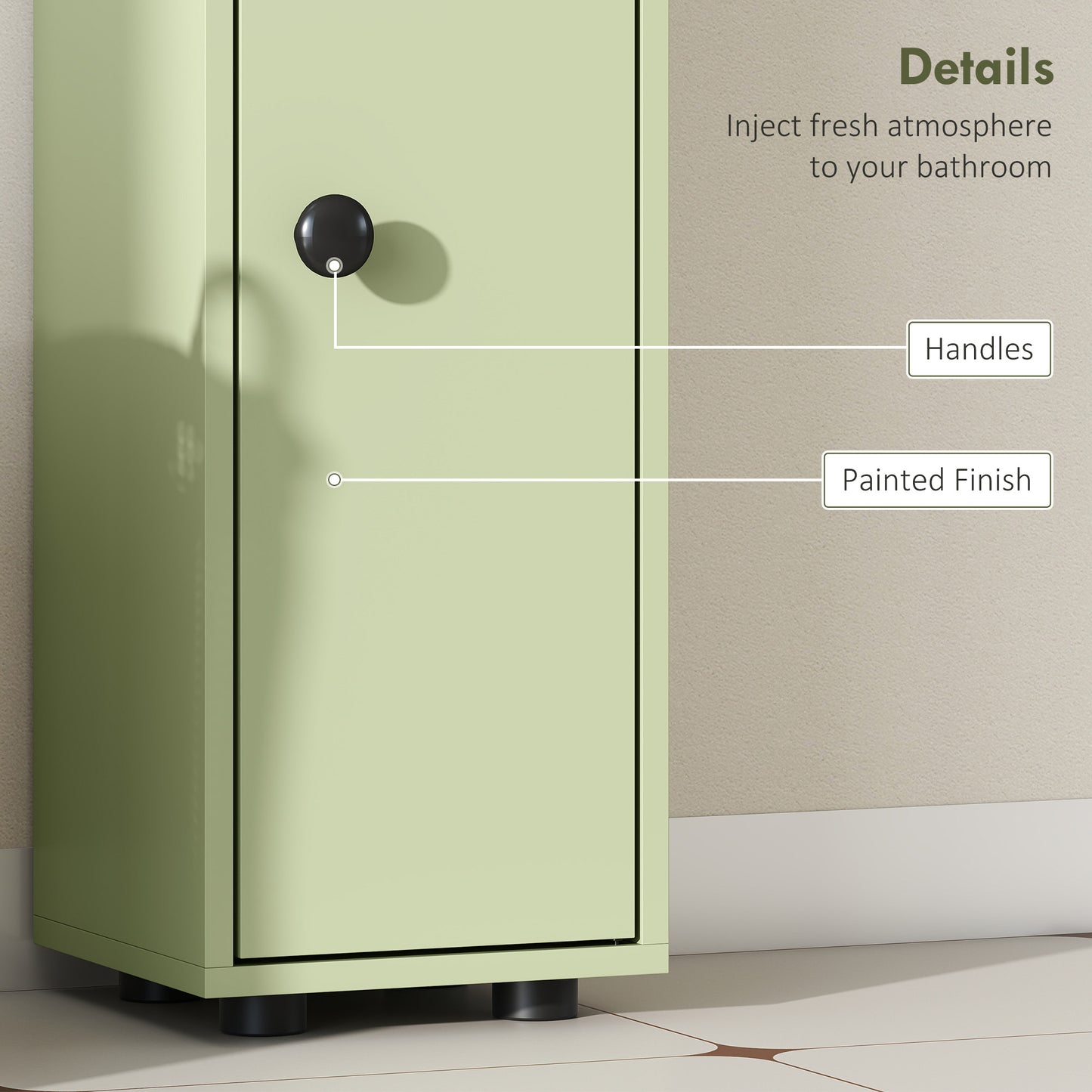 180cm Slim Bathroom Cabinet, with Drawer, Shelves and Cupboards - Green