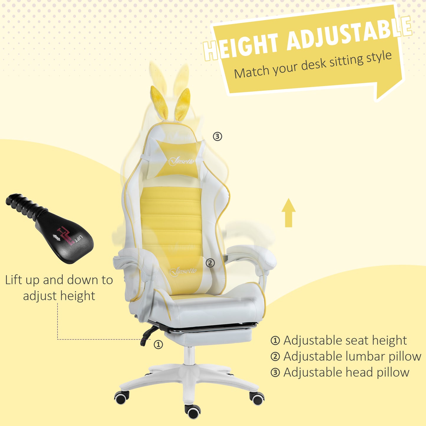 Gaming Chair with Rabbit Ears and Footrest, Ergonomic Computer Chair for Girls Adults, with Headrest, Lumbar Support