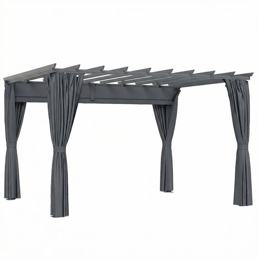 3.6 x 3 m Pergola with Retractable Roof Canopy, Curtains, Aluminium Garden Pergola Gazebo Sun Shade Shelter, Dark Grey