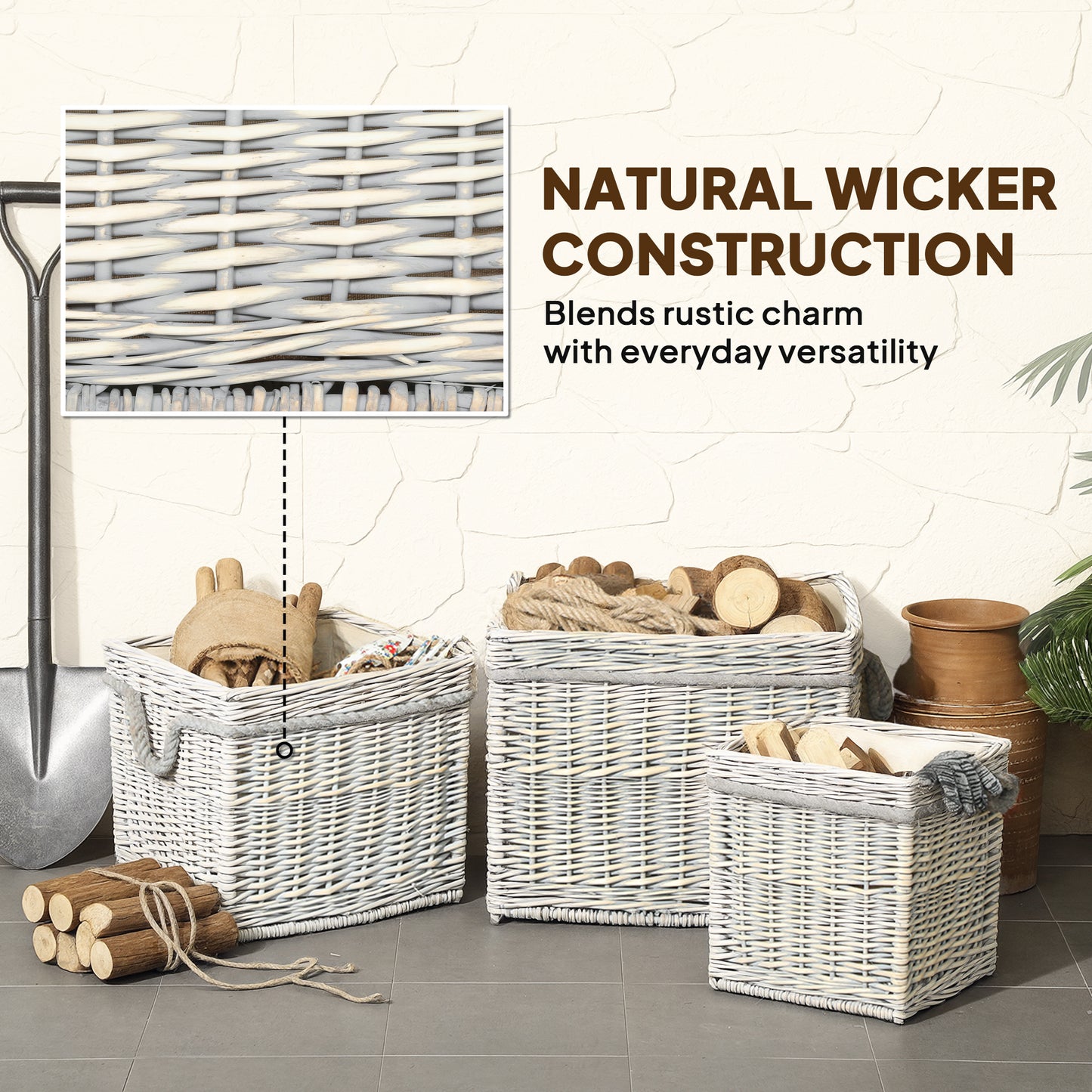 Set of 3 Log Baskets for Wood Burner Indoor, Storage Basket with Lining and Rope Handles, Wicker Basket for Fireside Storage