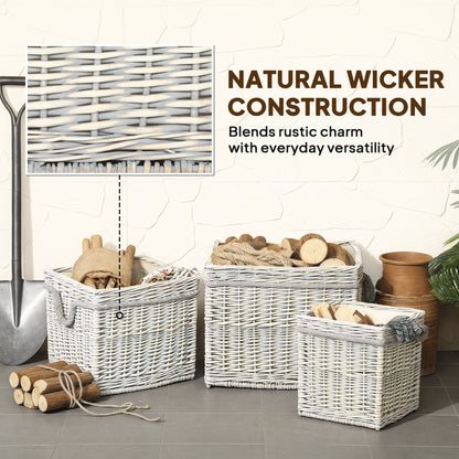 Set of 3 Log Baskets for Wood Burner Indoor, Storage Basket with Lining and Rope Handles, Wicker Basket for Fireside Storage