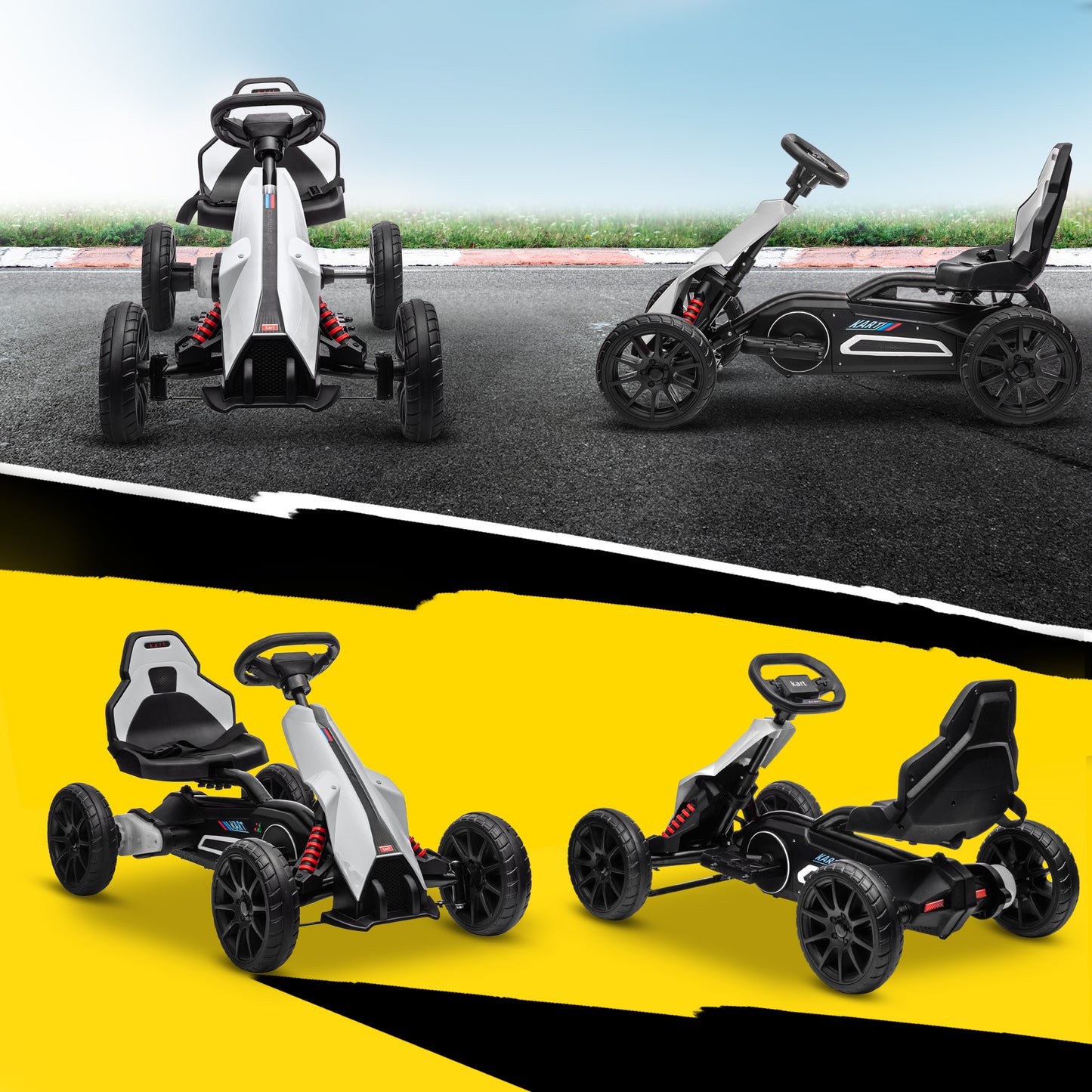 12V Electric Go-Kart for Kids, Ride-On Racing Go-Kart, with Forward and Reversing Functions, for Ages 3-8 Years - White