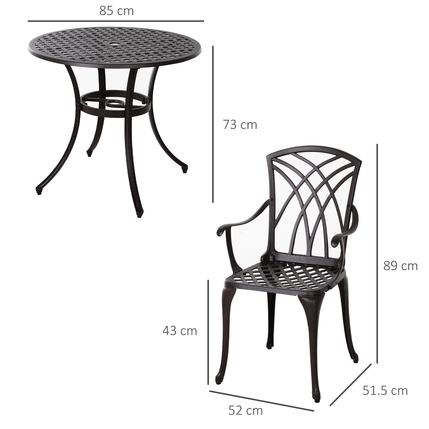 5 Pieces Garden Dining Set for 4, Cast Aluminium Outdoor Dining Set with 4 Armchairs and Round Dining Table with Parasol Hole