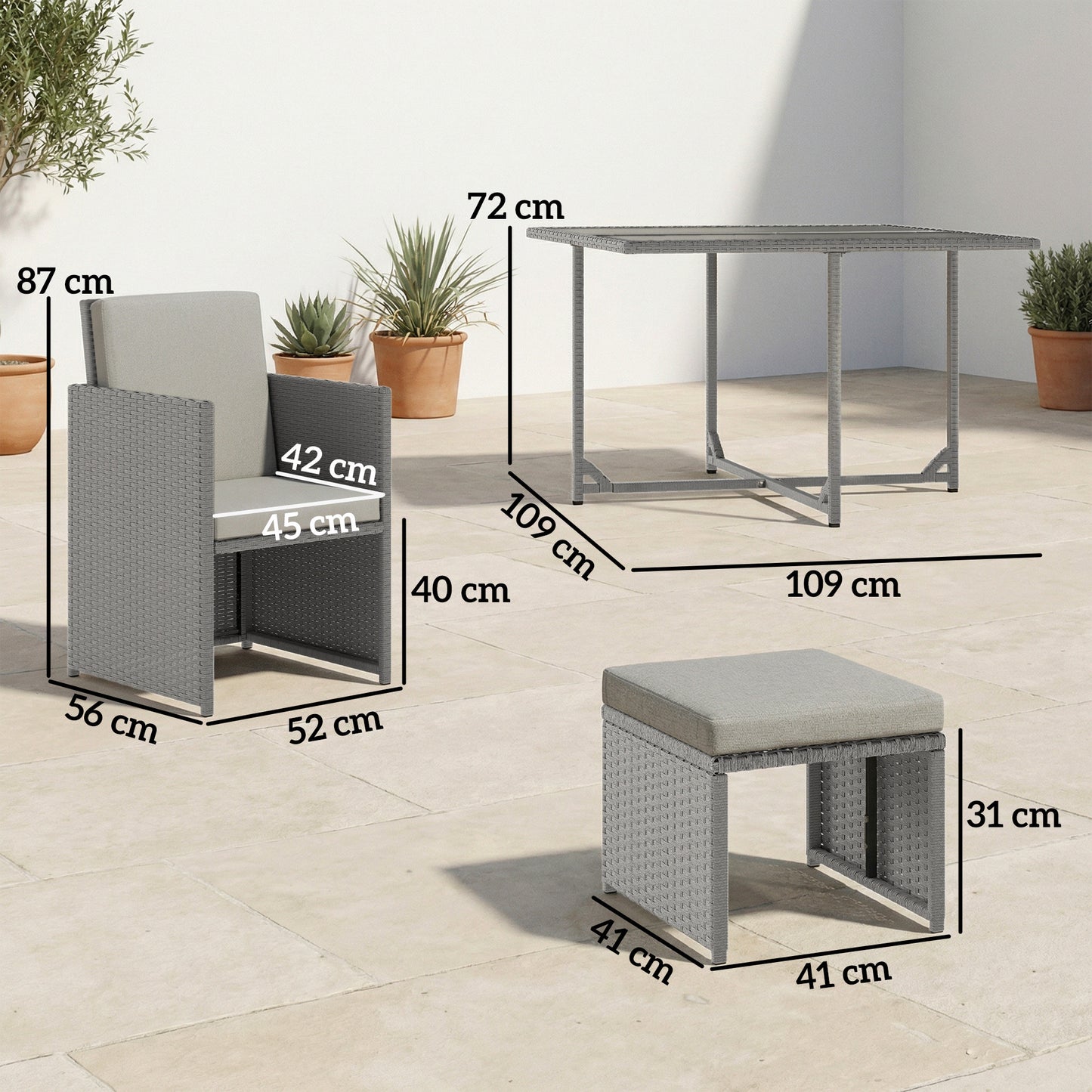 9 Piece Rattan Cube Garden Furniture Dining Set with Armchairs, Footstools and Glass-Top Table, Light Grey