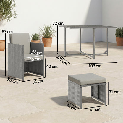 9 Piece Rattan Cube Garden Furniture Dining Set with Armchairs, Footstools and Glass-Top Table, Light Grey