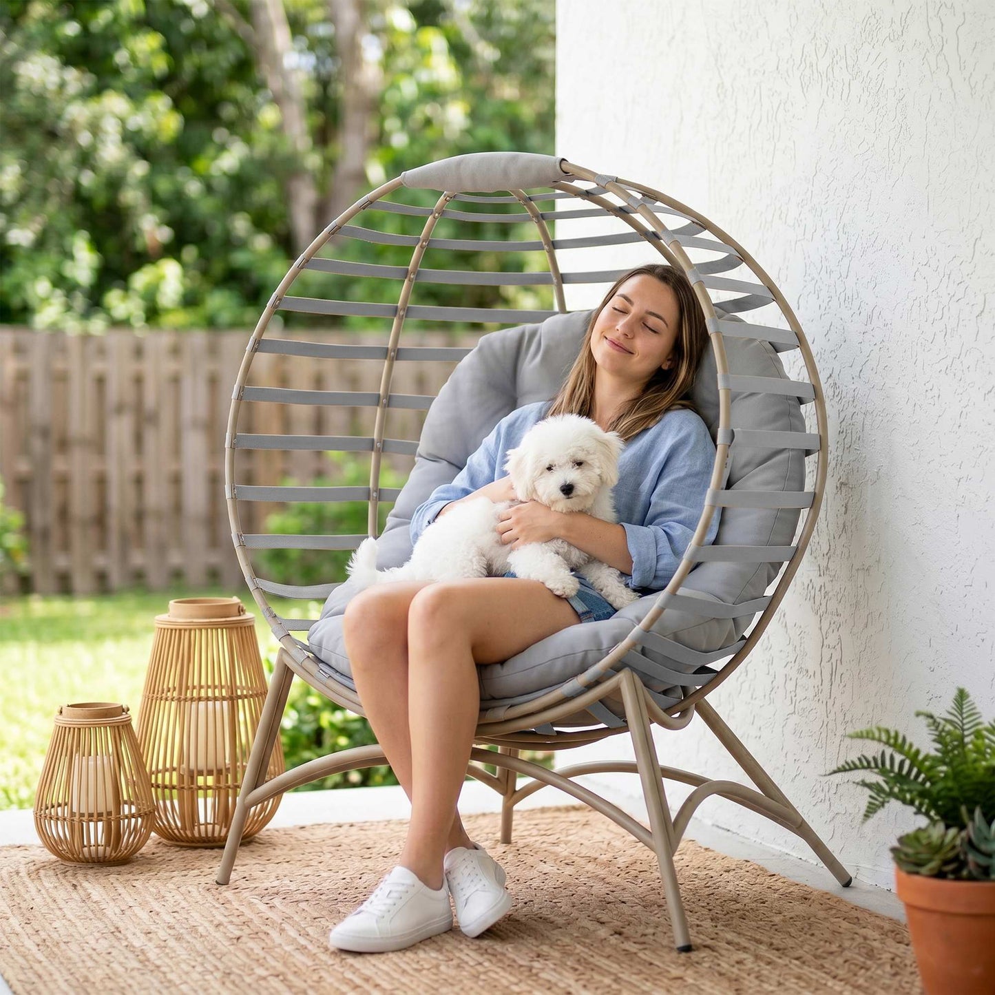 Egg Chair with Cushion & Side Pocket - Light Grey