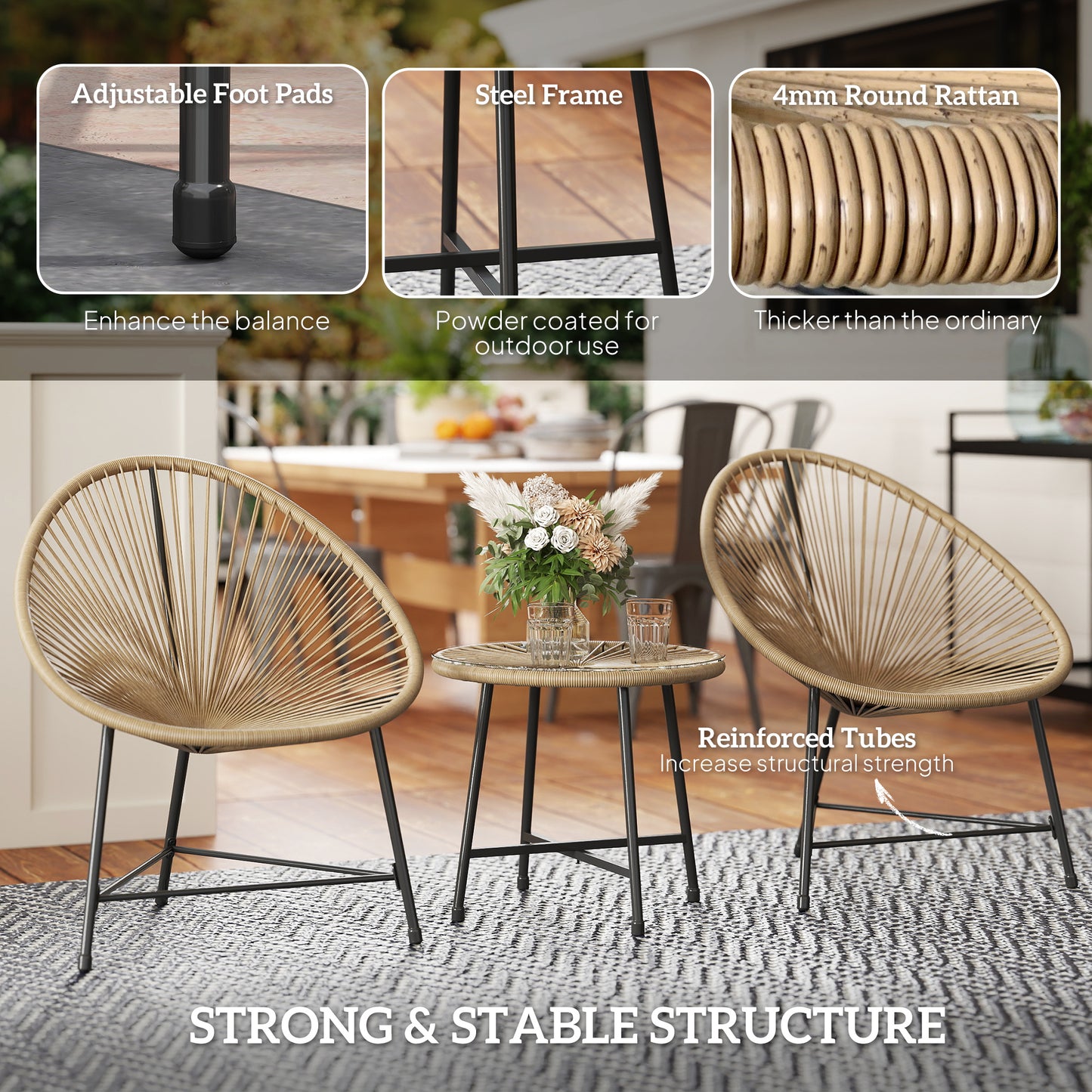 3 Pieces Rattan Bistro Set, Garden Bistro Set with Acapulco Chairs and Glass Top Table, Small Garden Furniture Set