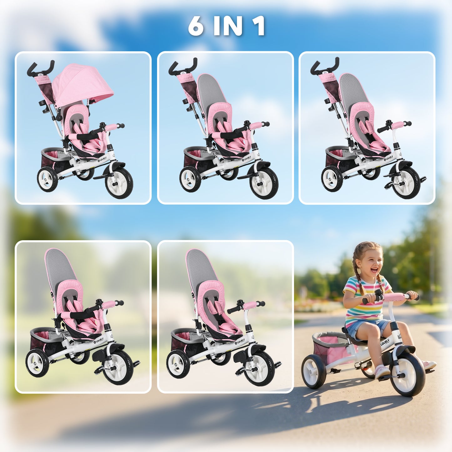 6 in 1 Kids Trike with Parent Handle, Canopy, 5-point Seat Belt, Storage, Footrest, Brake, for 1-5 Years, Pink