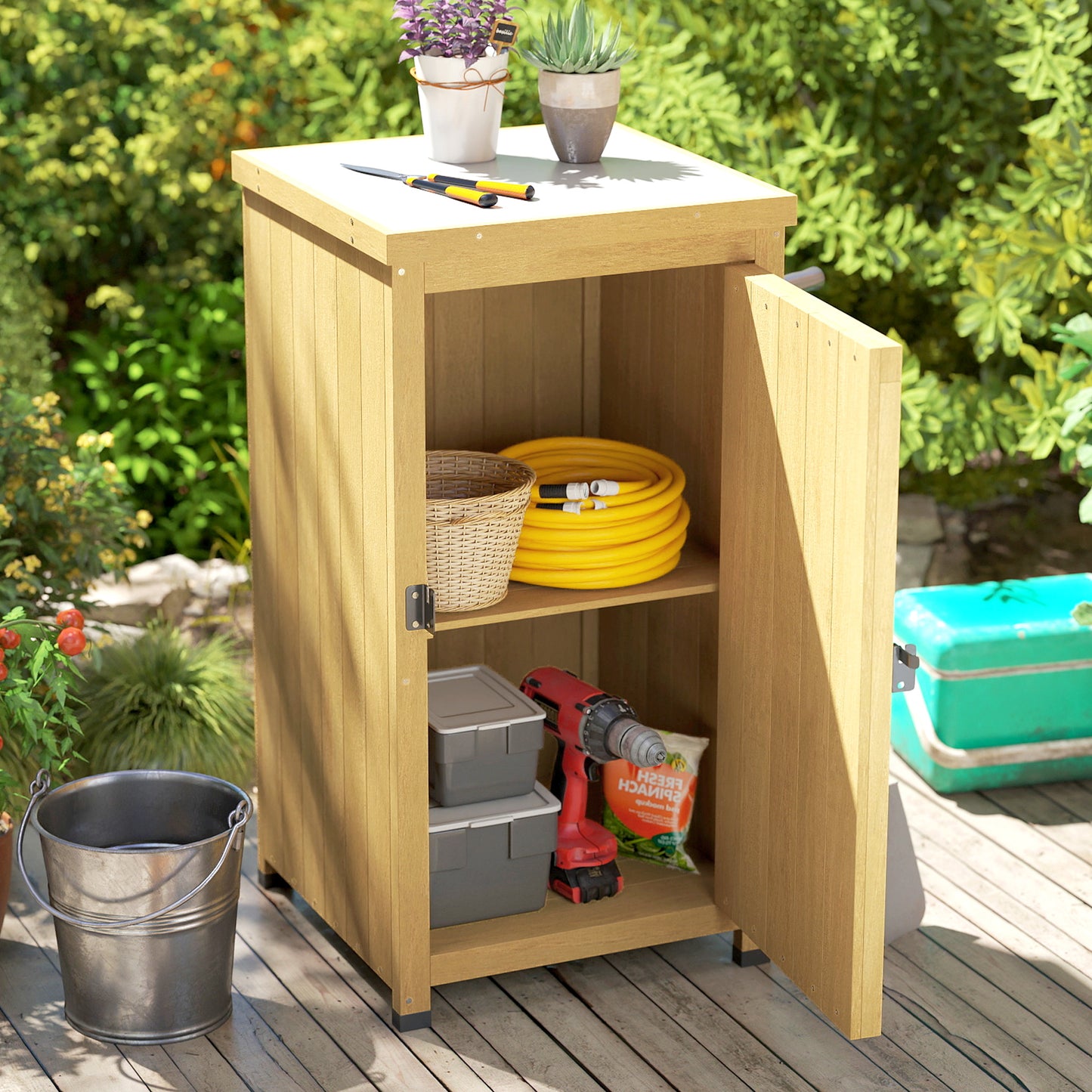 Wooden Garden Shed, Garden Tool Storage Shed with Metal Top and Shelf, Light Brown