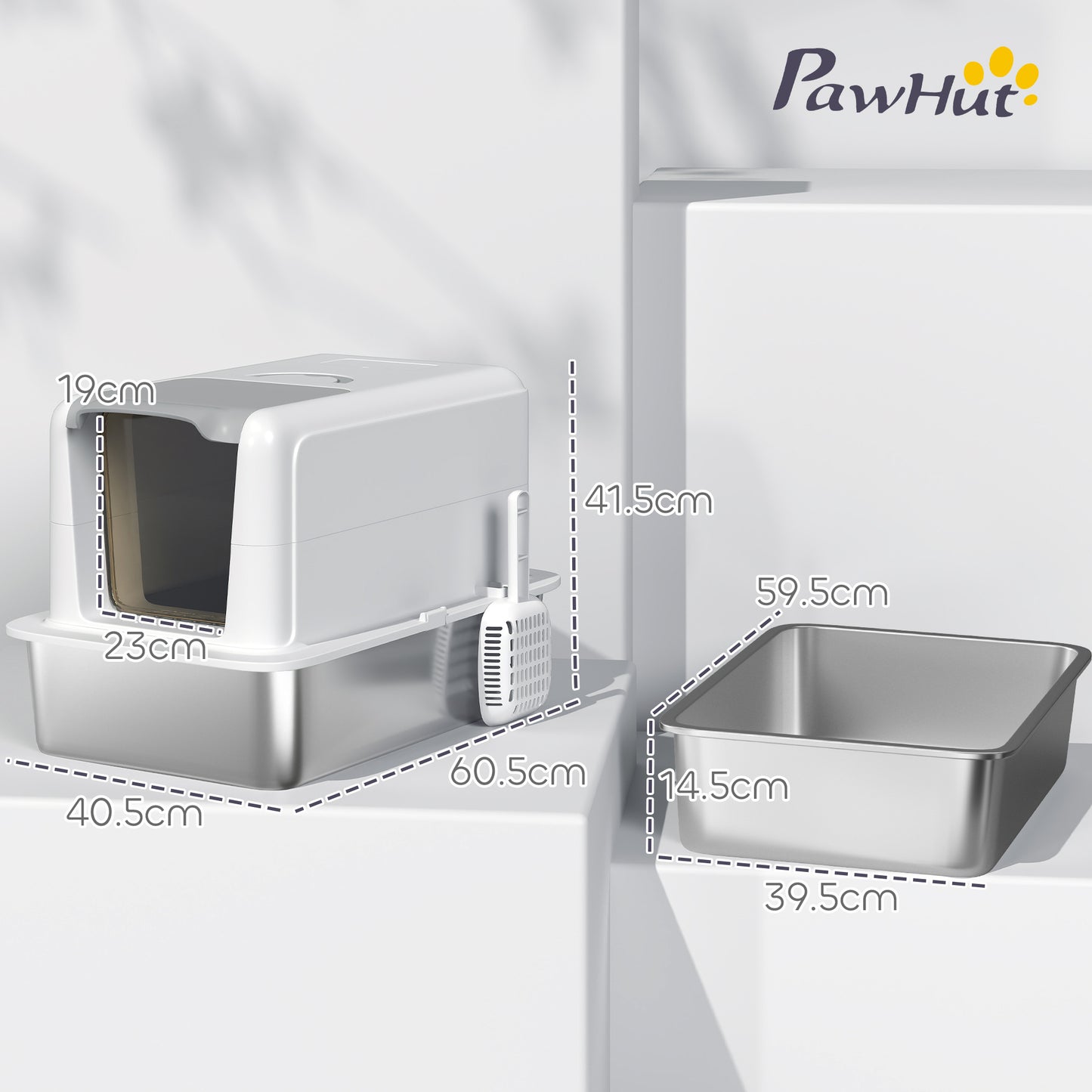 Stainless Steel Cat Litter Box with Removable Lid, Scoop, Filter Bags, for Larger Cats, White