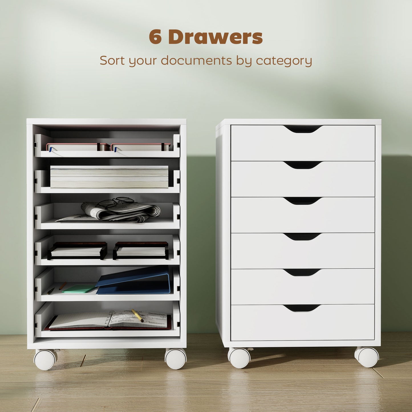 6 Drawer Vertical File Cabinet, Mobile Filing Cabinet with Quiet Drawers and Wheels with 2 Brakes, White