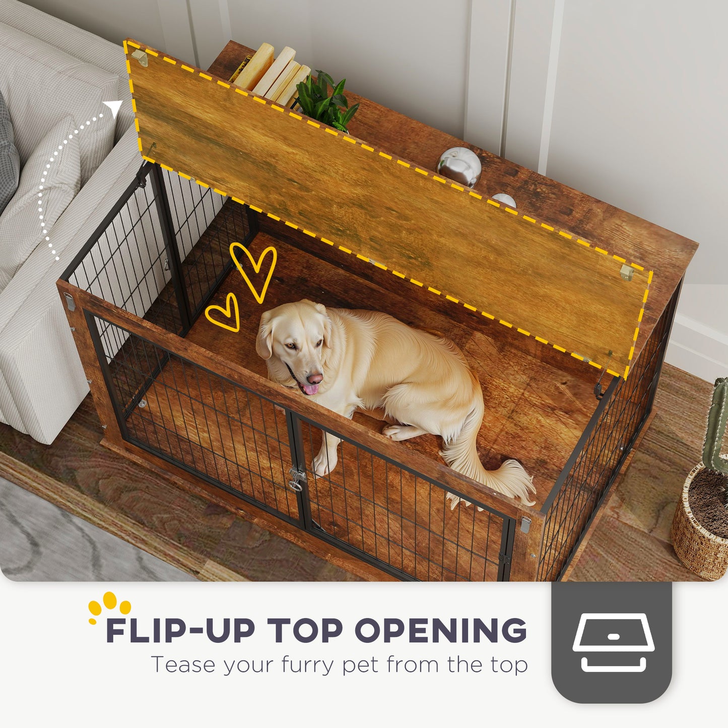 46.46'' Dog Crate Furniture with Openable Top, Two Lockable Doors, for Extra Large Dogs, Rustic Brown