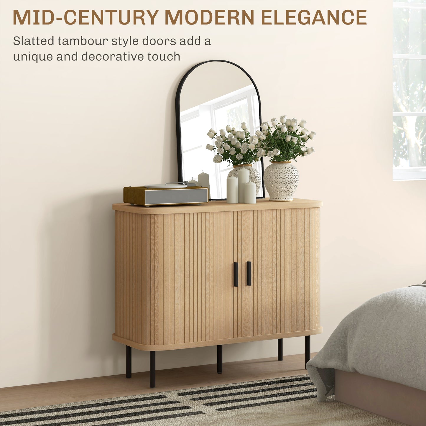 Mid-Century Modern Sideboard Storage Cabinet with Slatted Tambour Sliding Doors, Kitchen Cabinet with Steel Legs, Oak Tone