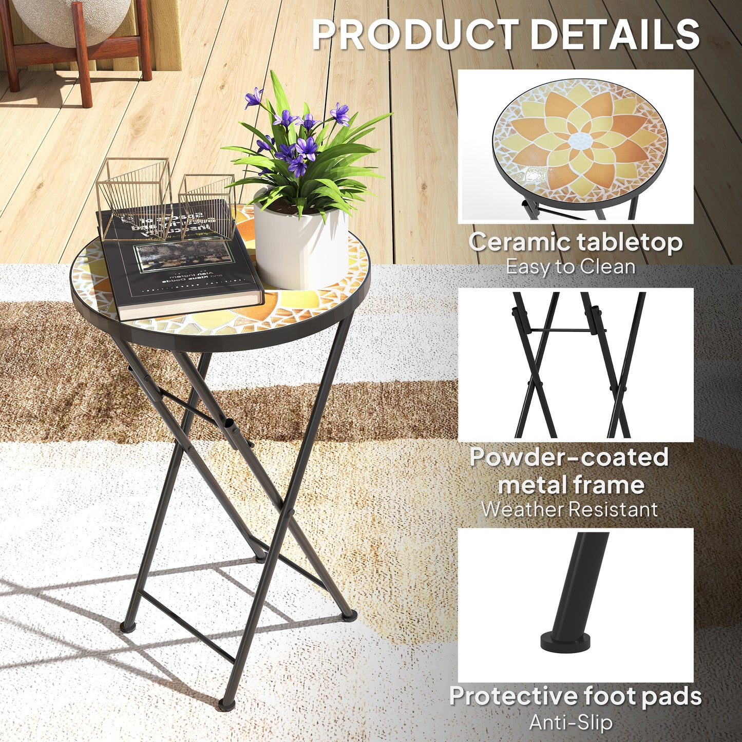 Mosaic Outdoor Garden Table, 35.5cm Round Folding Coffee Table with Metal Frame for Balcony Terrace, Yellow