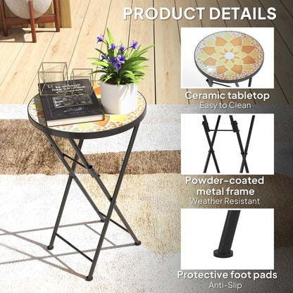 Mosaic Outdoor Garden Table, 35.5cm Round Folding Coffee Table with Metal Frame for Balcony Terrace, Yellow