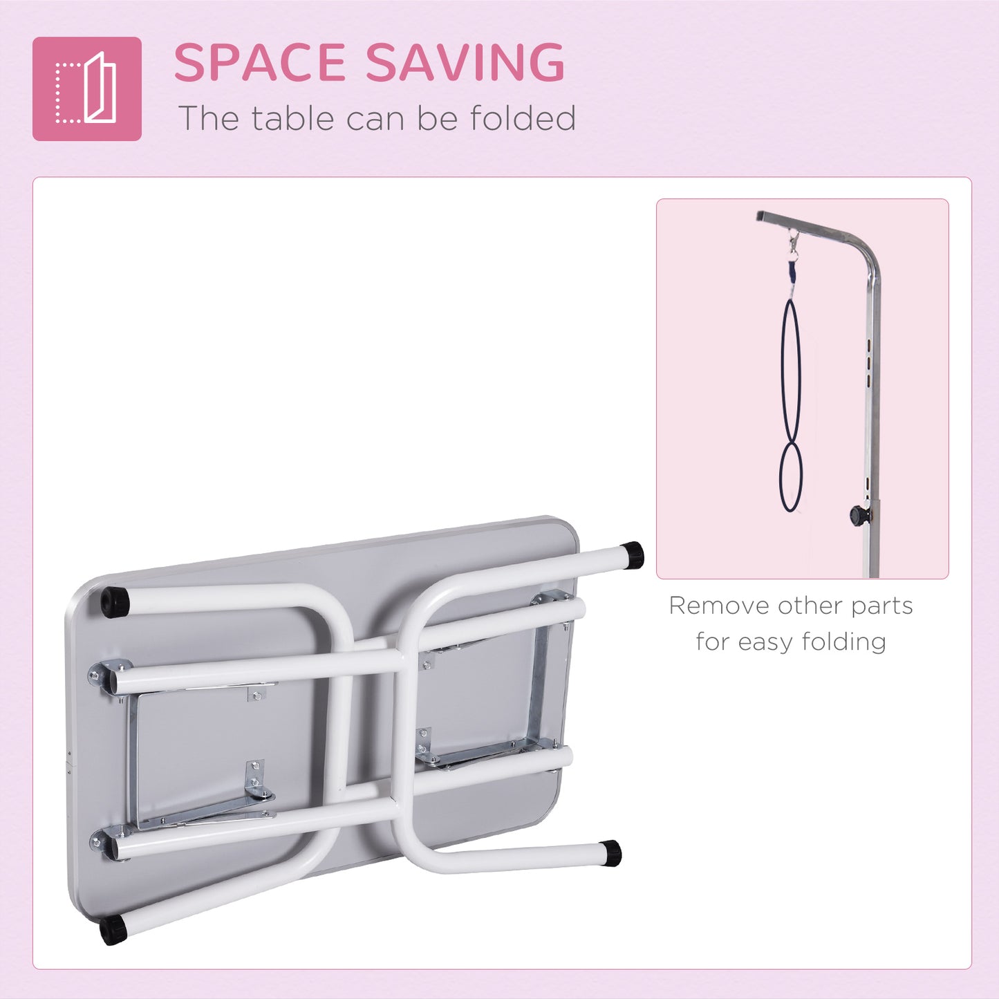 32" Foldable Dog Grooming Table Pet Drying Beauty Table Adjustable Fixed Arm Rubber Top, Pink