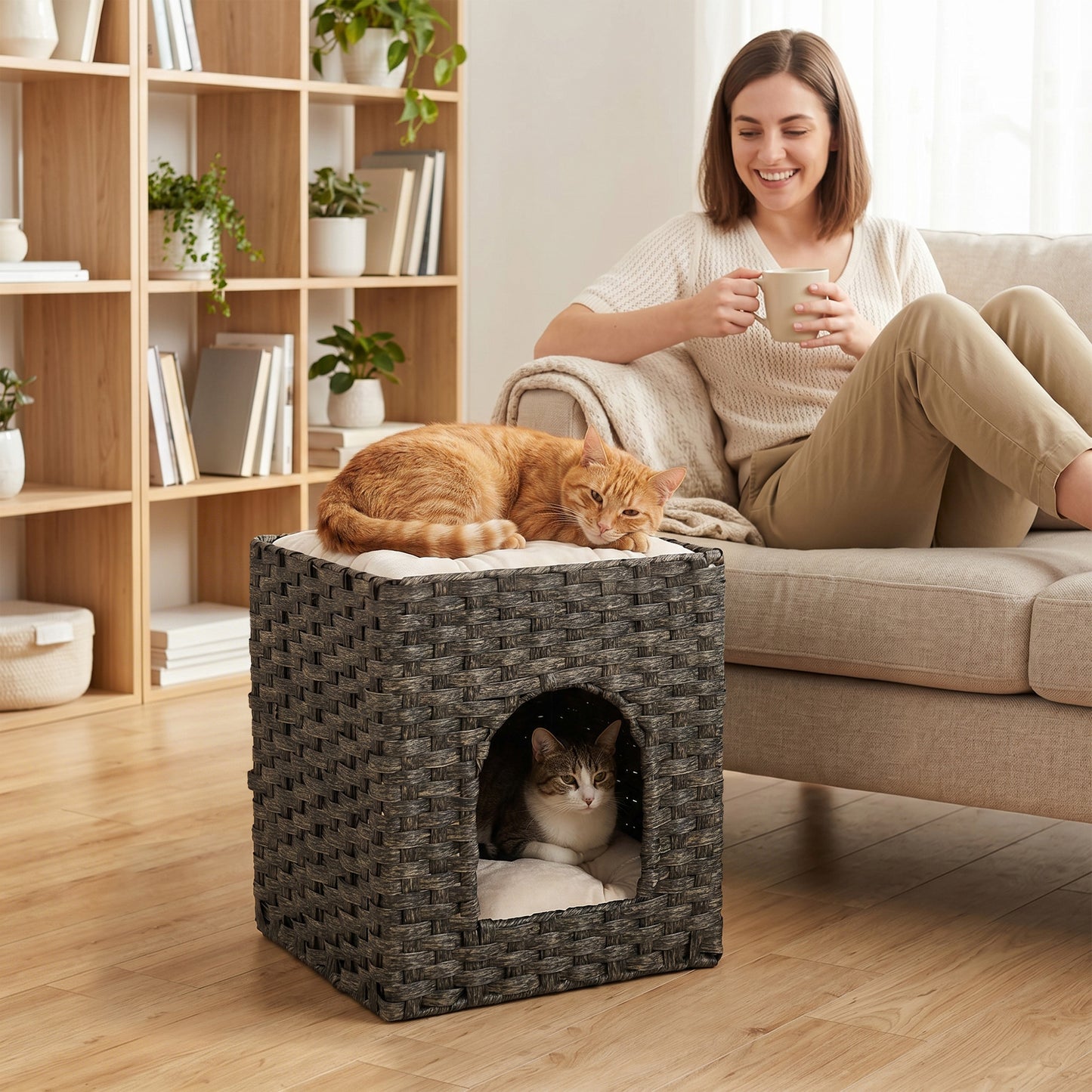 2-Tier Wicker Cat House, Handwoven Rattan Cat Bed with Washable Cushions, Indoor Kitten Condo Hideaway