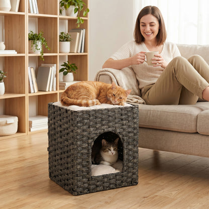 2-Tier Wicker Cat House, Handwoven Rattan Cat Bed with Washable Cushions, Indoor Kitten Condo Hideaway
