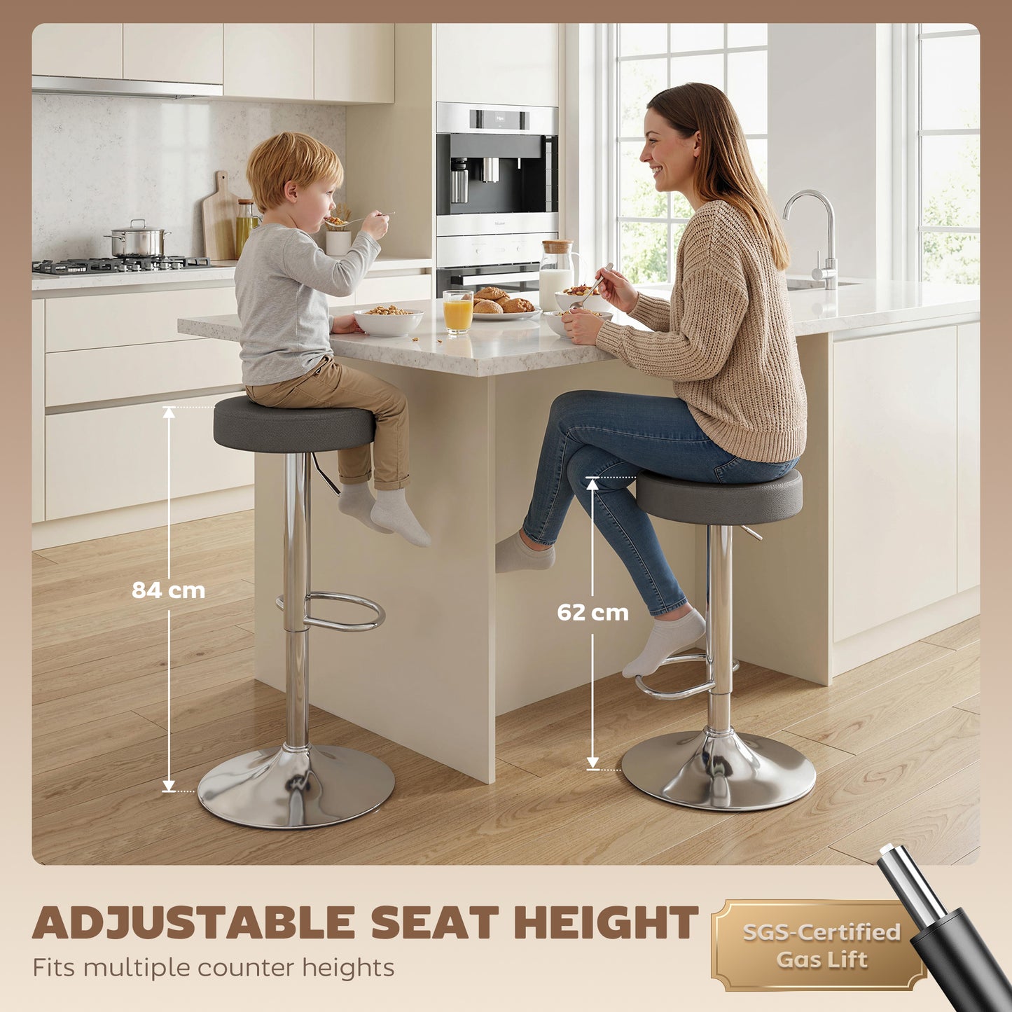 Bar Stools Set of 2, Modern PU Leather Swivel Barstools, Height Adjustable Breakfast Bar Chairs with Footrest, Grey