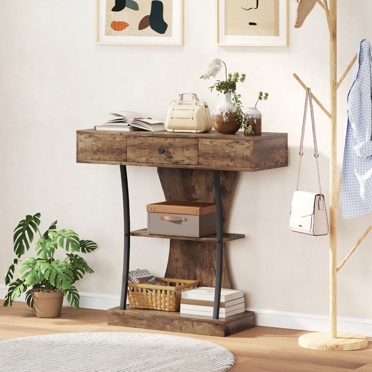 Console Table, 3-Tier Industrial Hallway Table with Drawer, Storage Shelves, 91 x 32 x 87 cm, Rustic Brown