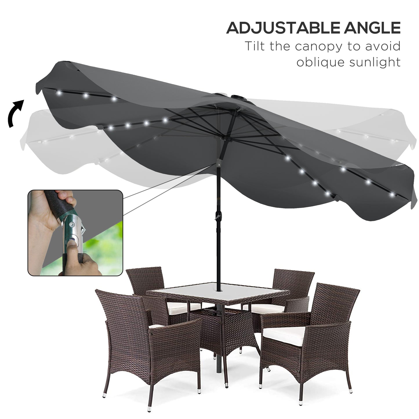 Solar Patio Umbrella with LED and Tilt, Outdoor Market Table Umbrella Parasol with Crank, 3 x 3 (m), Dark Grey