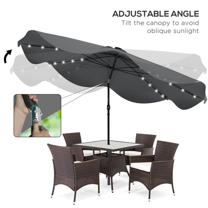 Solar Patio Umbrella with LED and Tilt, Outdoor Market Table Umbrella Parasol with Crank, 3 x 3 (m), Dark Grey