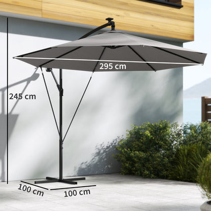 3 m Cantilever Parasol with Solar LED Lights Garden Umbrella with Cross Base, Light Grey