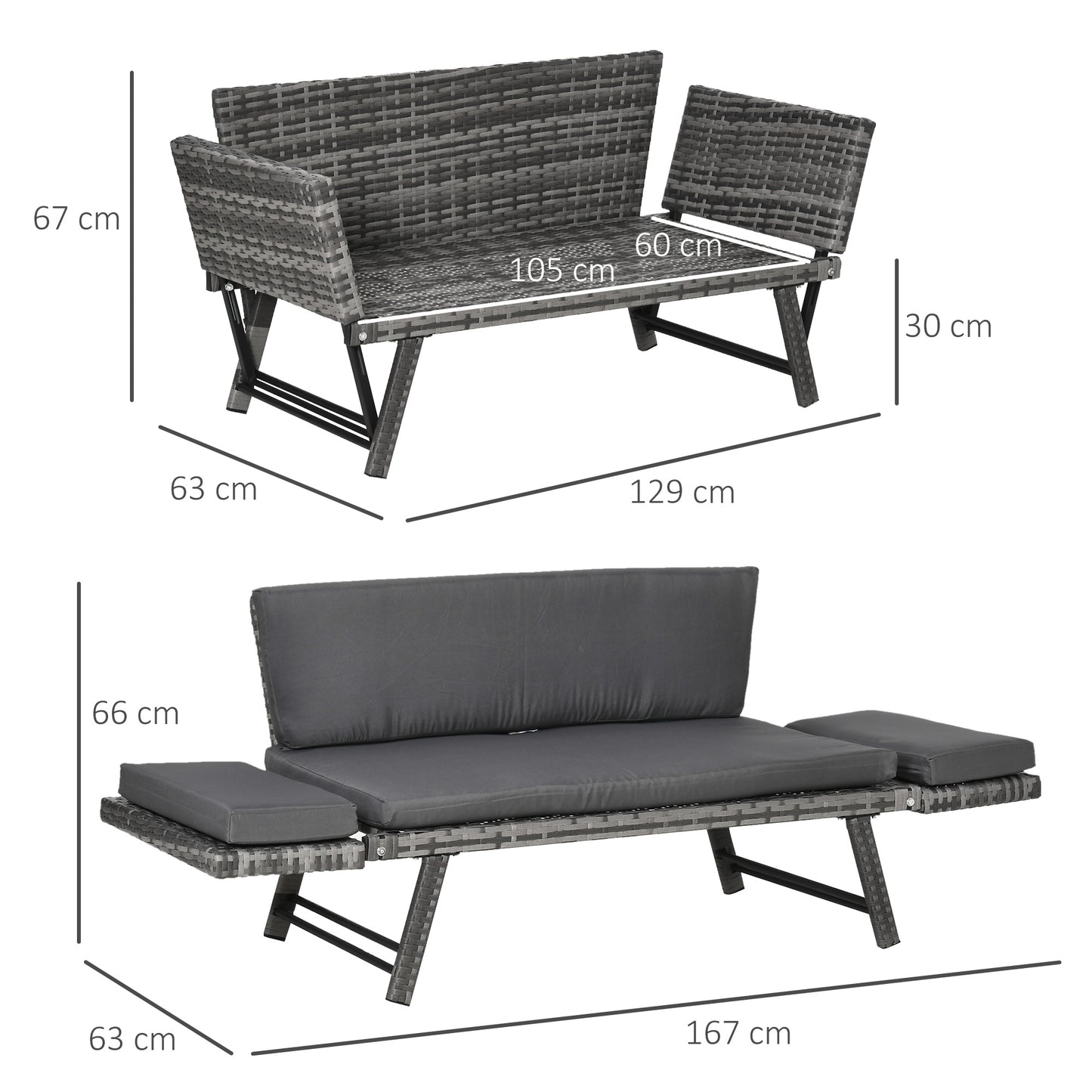2 Seater Rattan Sofa with Cushions, 2-in-1 PE Rattan Daybed Sofa with Left Up or Down Armrests