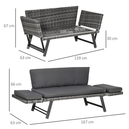 2 Seater Rattan Sofa with Cushions, 2-in-1 PE Rattan Daybed Sofa with Left Up or Down Armrests