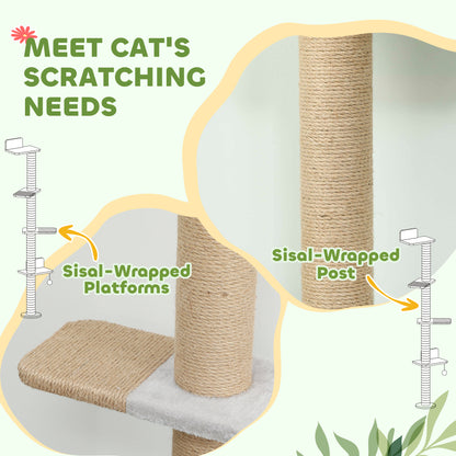 Wall Mounted Cat Shelves, Cat Climbing Wall with 4 Climbing Platforms, Jute Scratching Post and Toy Ball,180cm Tall