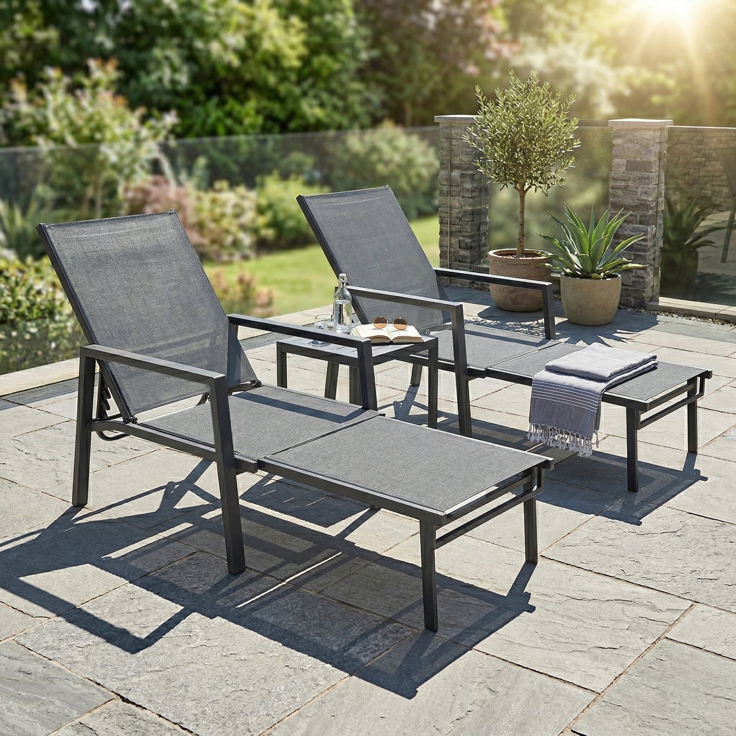 Sun Loungers Set of 2 Retractable Footrest 5-Position Adjustable Steel Frame for Beach, Porch, Patio, Camping, Dark Grey