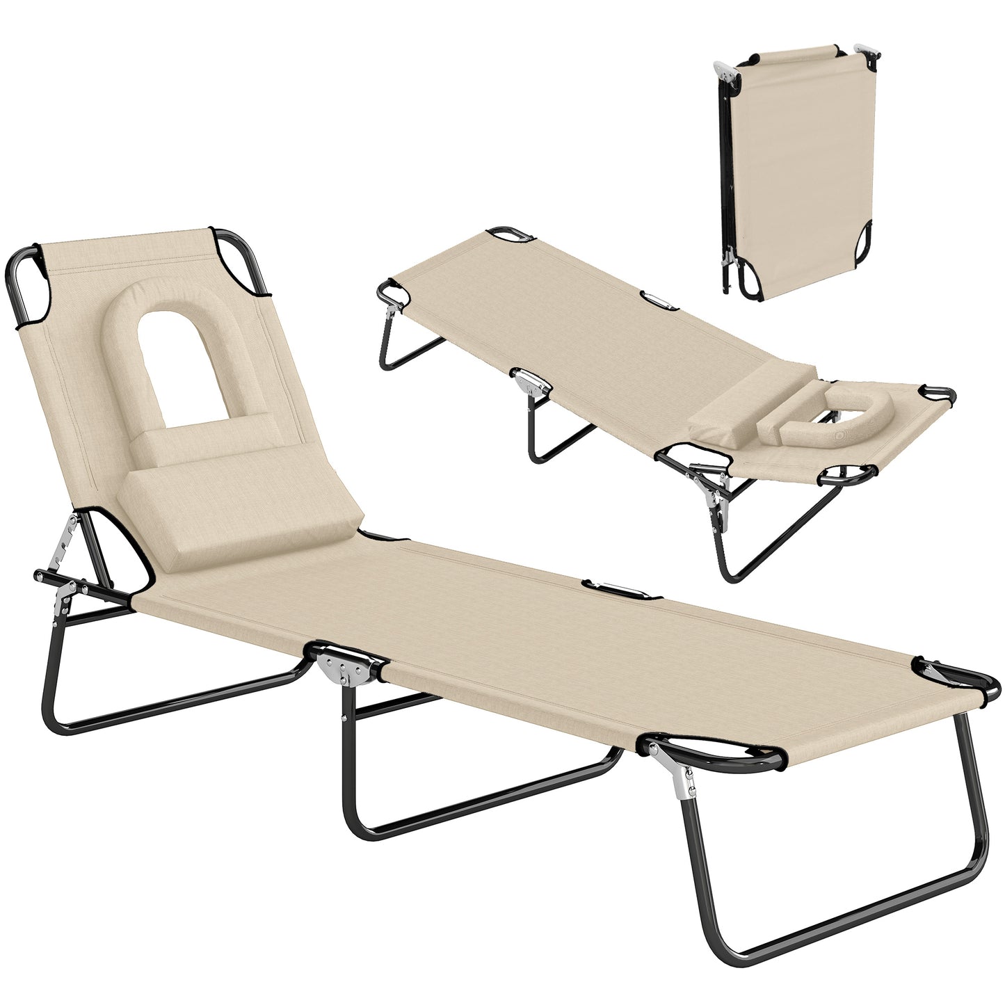 Folding Sun Lounger with Face Hole, 4-Position Adjustable Backrest Garden Recliner Chair Sunbed, Outdoor Lounge Chair