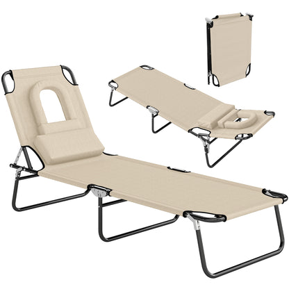 Folding Sun Lounger with Face Hole, 4-Position Adjustable Backrest Garden Recliner Chair Sunbed, Outdoor Lounge Chair