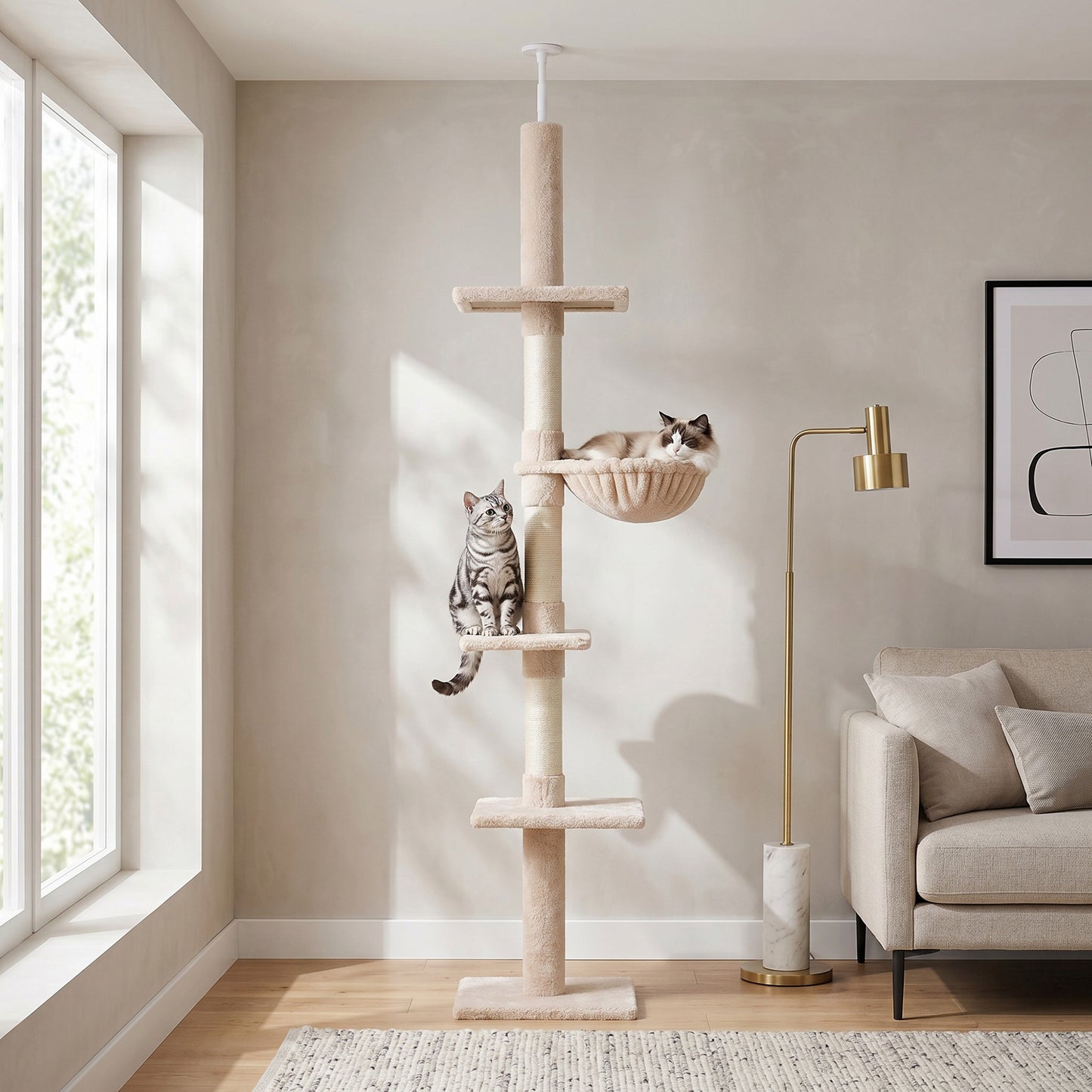 Floor to Ceiling Cat Tree 230-260cm Height Adjustable, 5-Tier Cat Tower with Scratching Posts, Hammock, Perches
