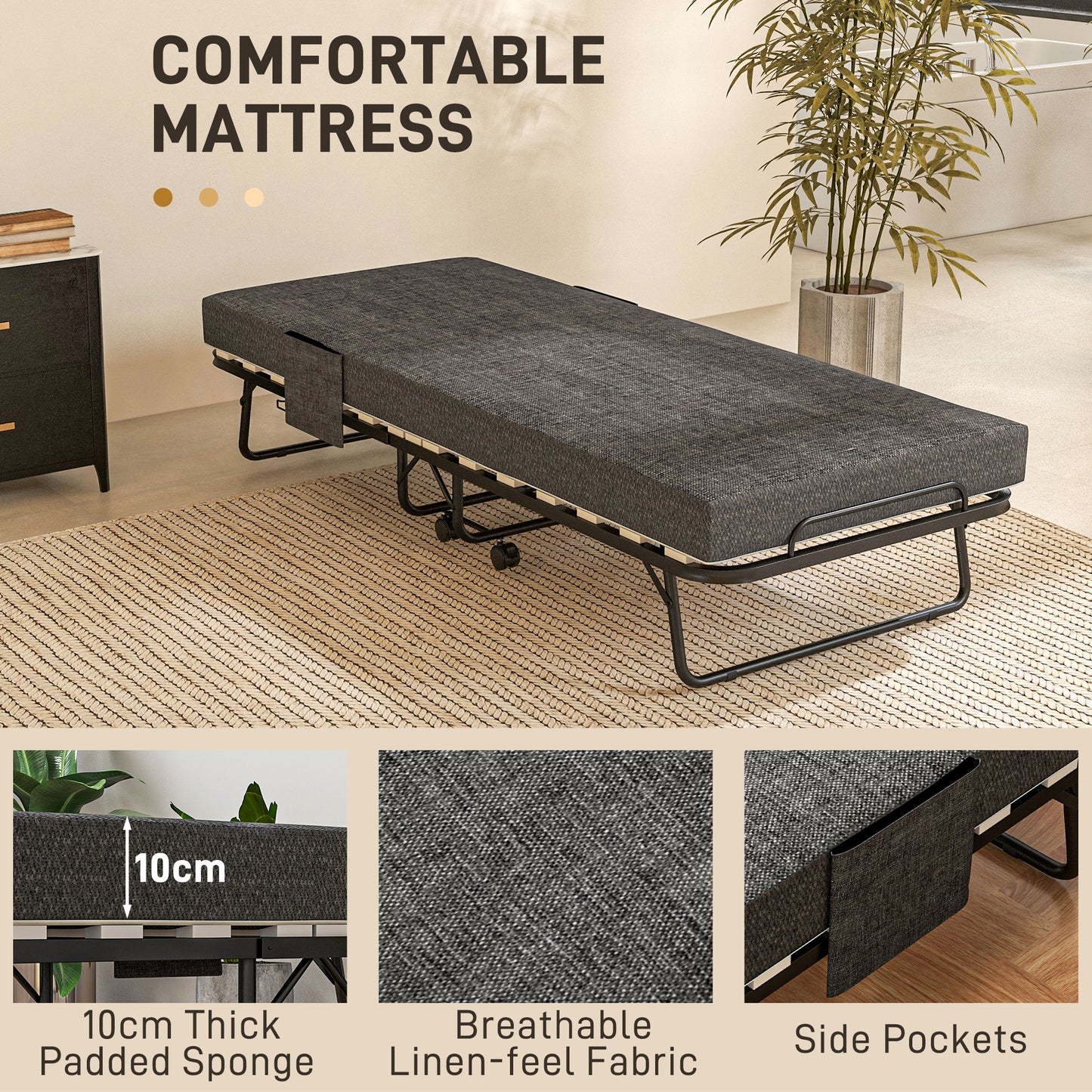 Single Steel Frame Folding Bed, with Wheels - Black/Grey