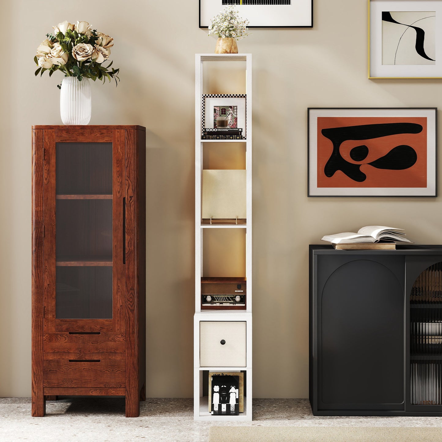 Floor Lamp with Shelves, LED Column Modern Standing Lamp with Fabric Drawer, Adjustable Brightness