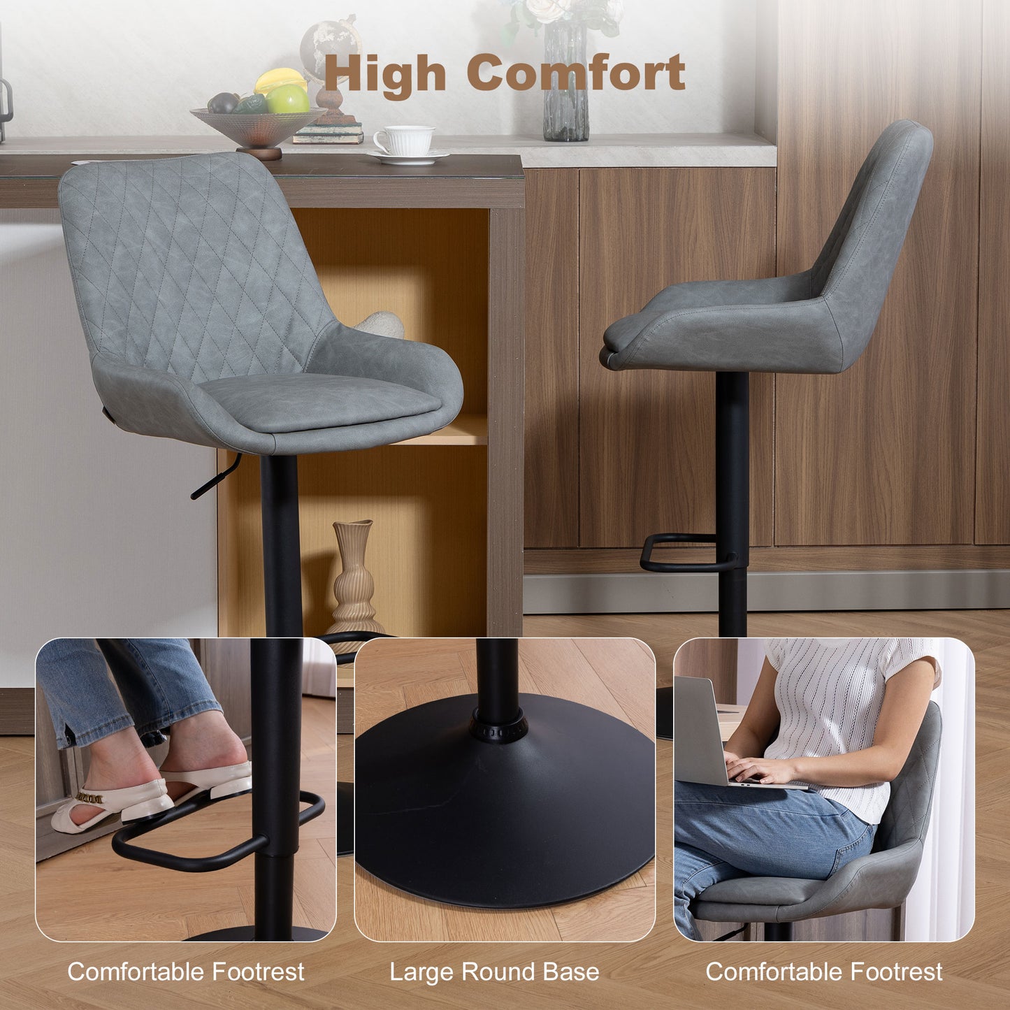 Set of Two Faux Leather Retro Bar Stools - Light Grey