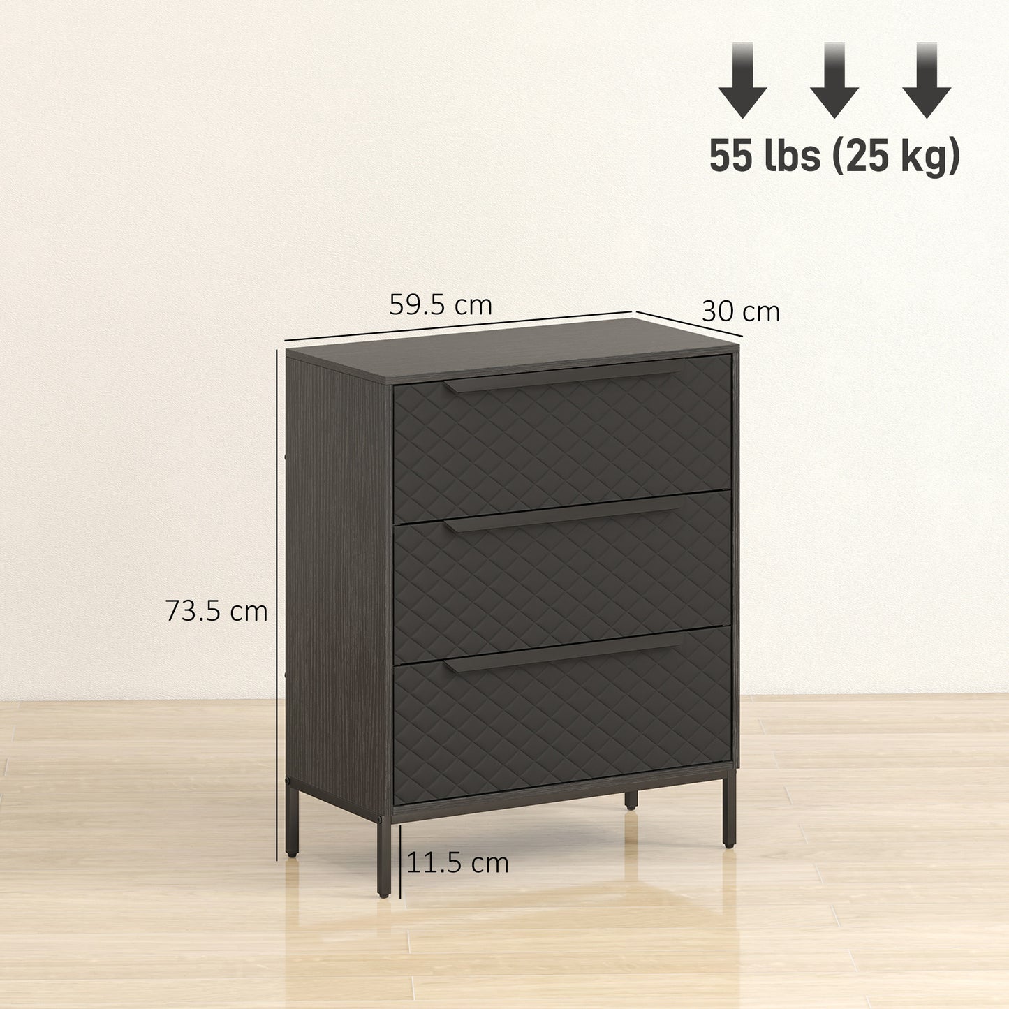 Chest of Drawers, Dresser with 3 Fabric Drawers and Aluminium Handles - Black